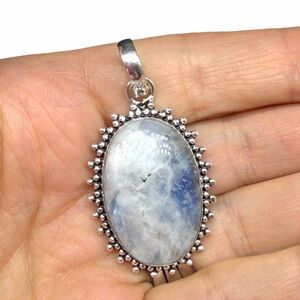 Blue Flash Rainbow Moonstone Necklace Pendant 925 Sterling Silver Overlay